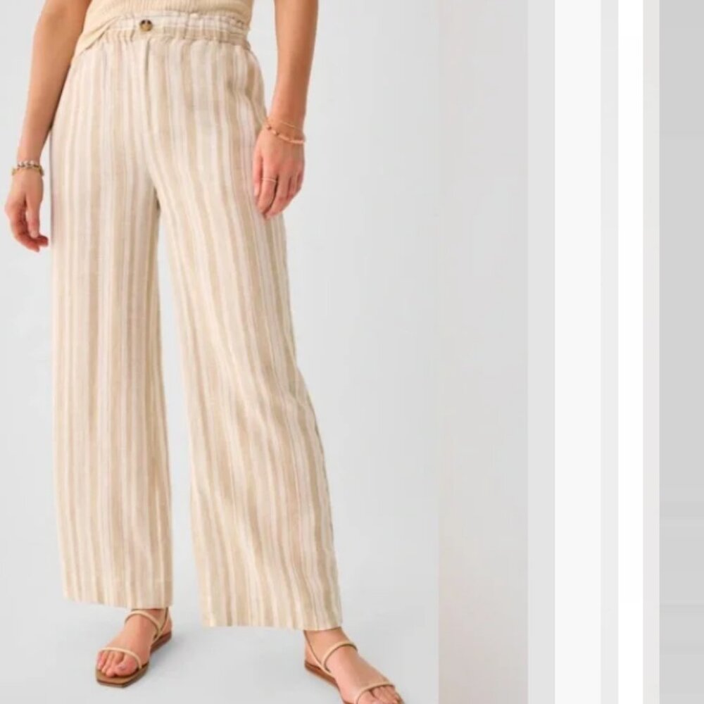 Faherty Monterey Straight Leg Linen Pants Bombay Stripe‎ Neutral Tan S